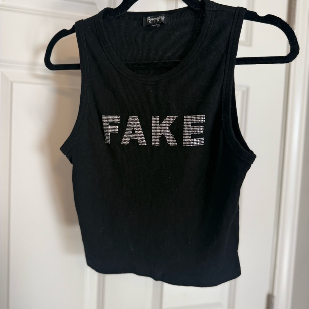 Black Sleeveless Top with Rhinestone Detail “Fake”